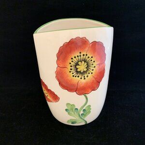 Poppies by Clay Art Hand Painted Oval Vase 7" 2001 Utensil Holder Pottery Vtg